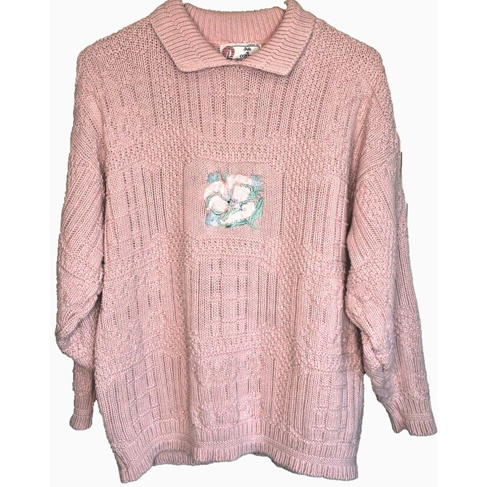 Vintage Isle of Cotton Sweater Women's L Embroidered Floral coastal grandma